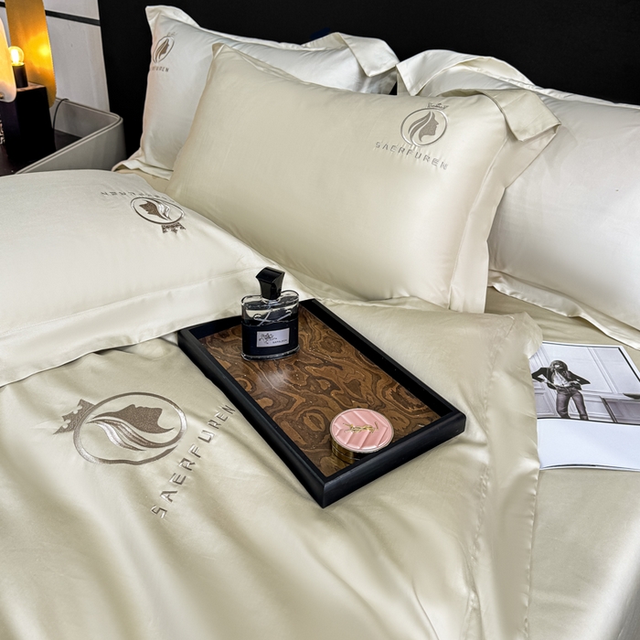 91家纺网 家纺一手货源 找家纺 盛凡家纺 2026春夏新款全棉纯棉100支长绒棉绣花四件套--萨尔夫人 萨尔夫人-奶茶色