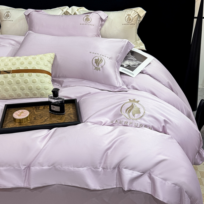 91家纺网 家纺一手货源 找家纺 盛凡家纺 2026春夏新款全棉纯棉100支长绒棉绣花四件套--萨尔夫人 萨尔夫人-浅紫