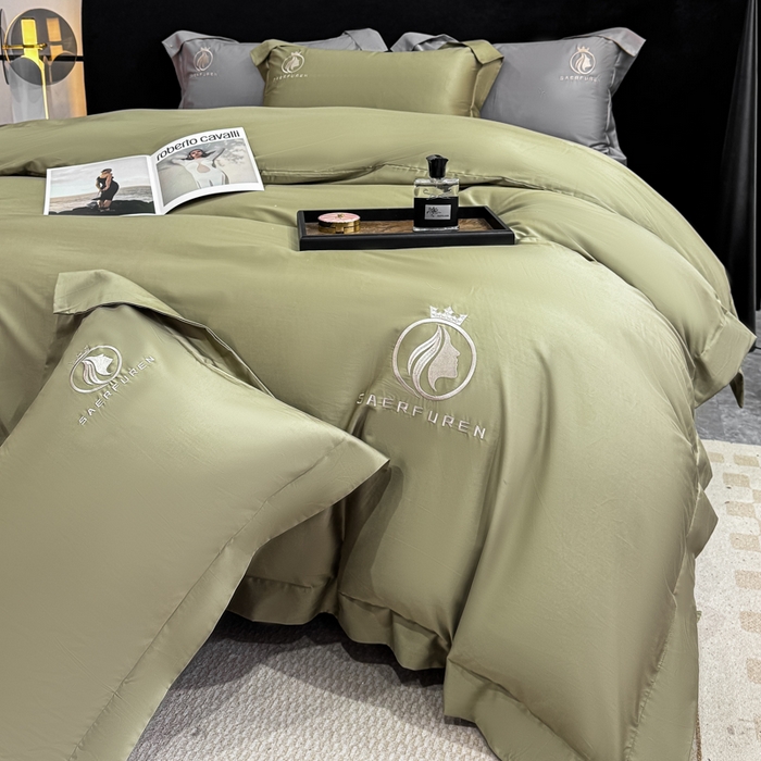 91家纺网 家纺一手货源 找家纺 盛凡家纺 2026春夏新款全棉纯棉100支长绒棉绣花四件套--萨尔夫人 萨尔夫人-橄榄绿