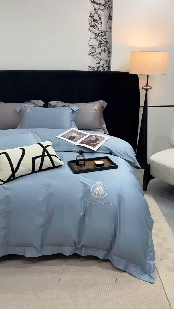 91家纺网 家纺一手货源 找家纺 盛凡家纺 2026春夏新款全棉纯棉100支长绒棉绣花四件套--萨尔夫人 萨尔夫人-蓝灰