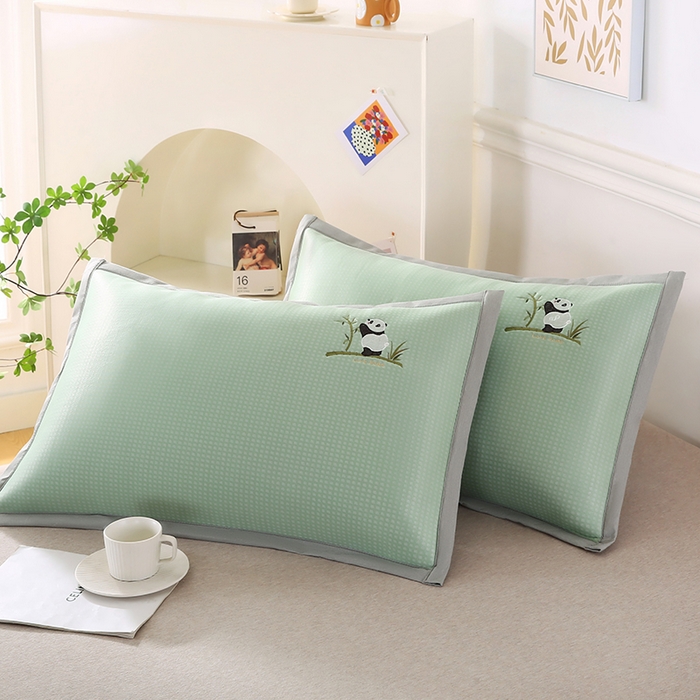 91家纺网 家纺一手货源 找家纺 小牛席业 2026新款华夫格爱家熊猫夏凉枕套凉枕套冰丝枕套藤枕套冰藤枕套冰丝枕套竹枕套凉席枕套豆豆枕套 绿色