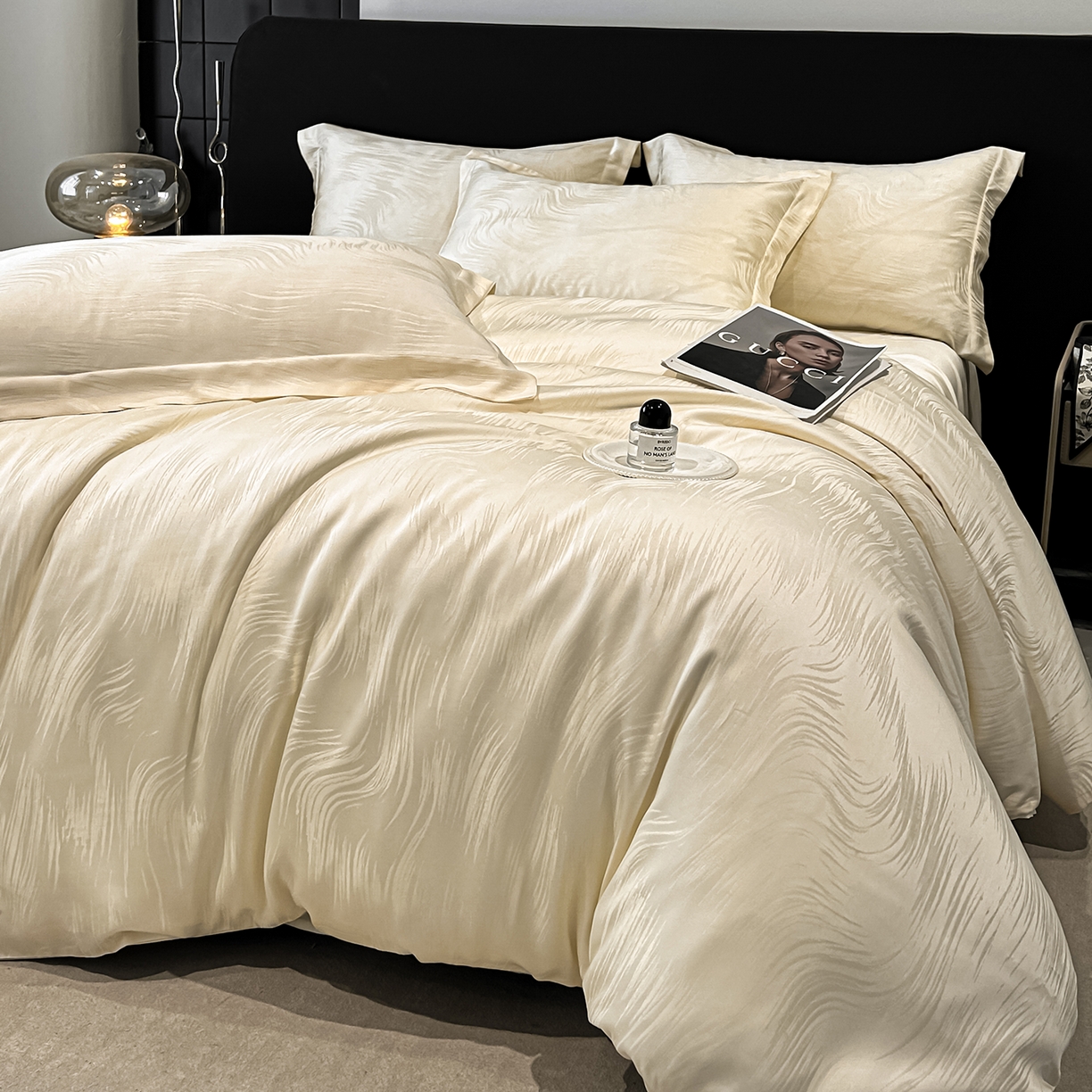 91家纺网 家纺一手货源 找家纺 慕晨 2026新款莱赛尔提花被套四件套高级简奢款天丝4件套直播热款 随意