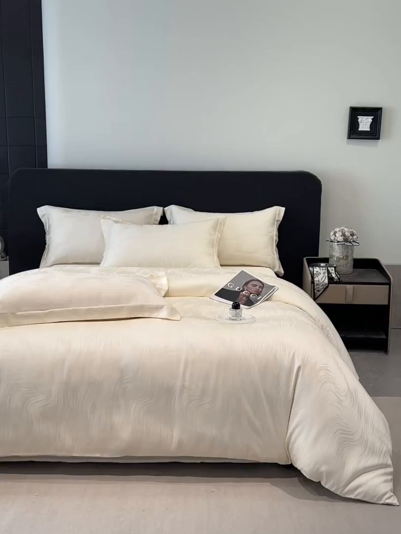 91家纺网 家纺一手货源 找家纺 慕晨 2026新款莱赛尔提花被套四件套高级简奢款天丝4件套直播热款 随意