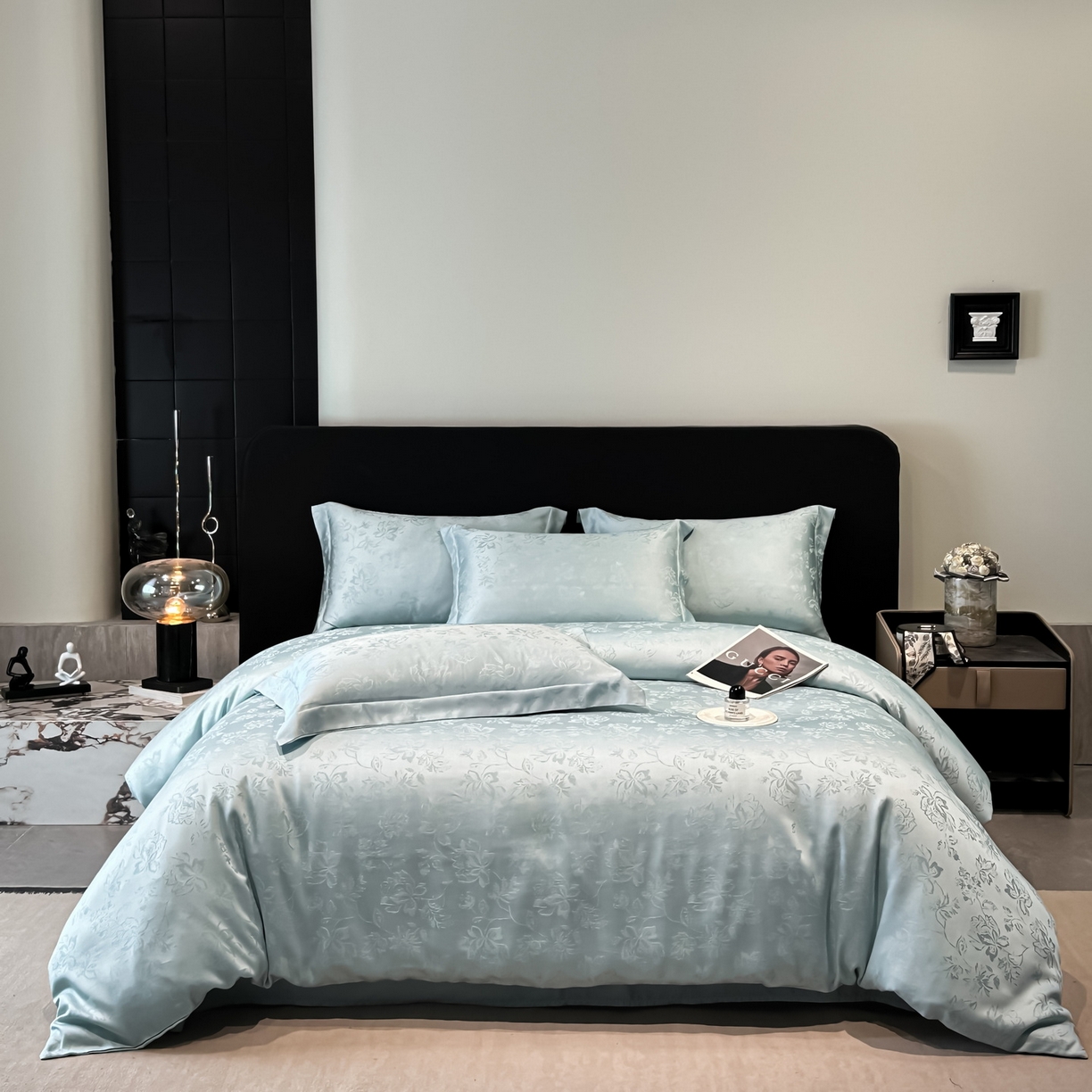 91家纺网 家纺一手货源 找家纺 慕晨 2026新款莱赛尔提花被套四件套高级简奢款天丝4件套直播热款 花落