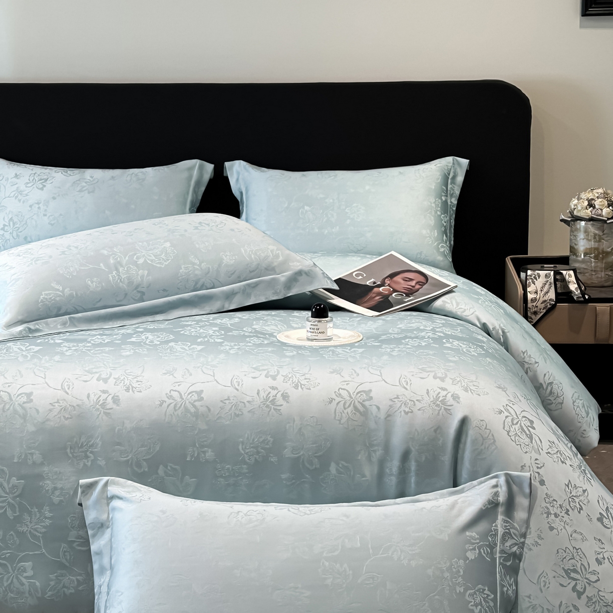 91家纺网 家纺一手货源 找家纺 慕晨 2026新款莱赛尔提花被套四件套高级简奢款天丝4件套直播热款 花落