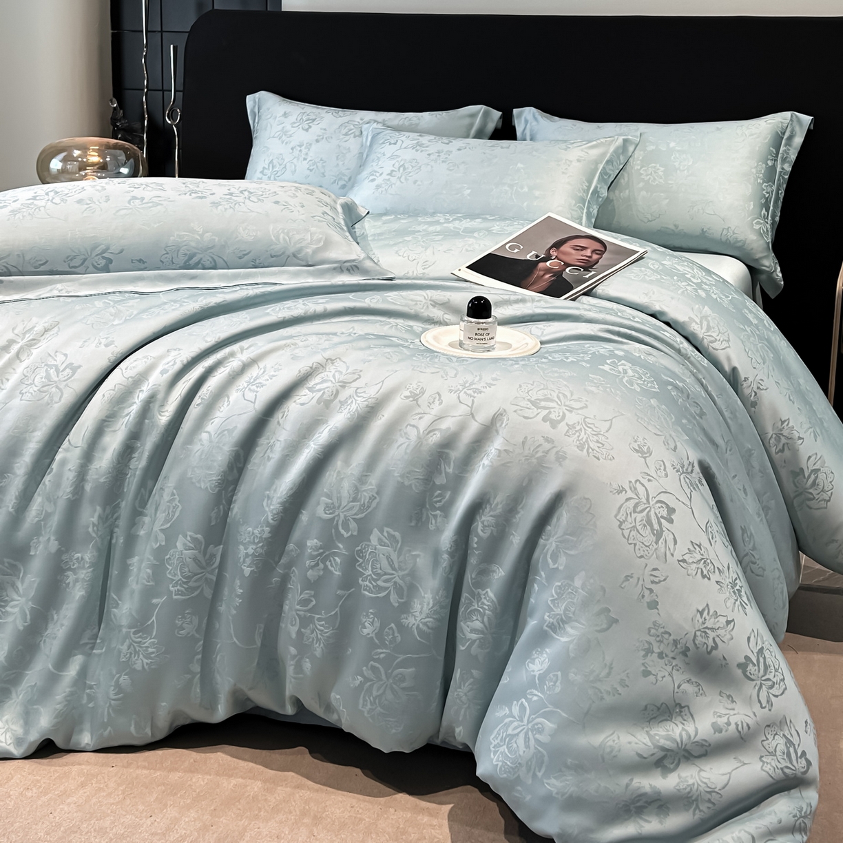 91家纺网 家纺一手货源 找家纺 慕晨 2026新款莱赛尔提花被套四件套高级简奢款天丝4件套直播热款 花落