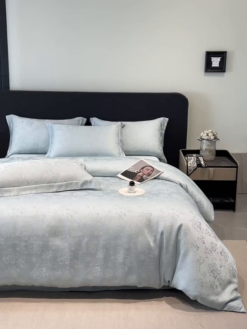 91家纺网 家纺一手货源 找家纺 慕晨 2026新款莱赛尔提花被套四件套高级简奢款天丝4件套直播热款 花落