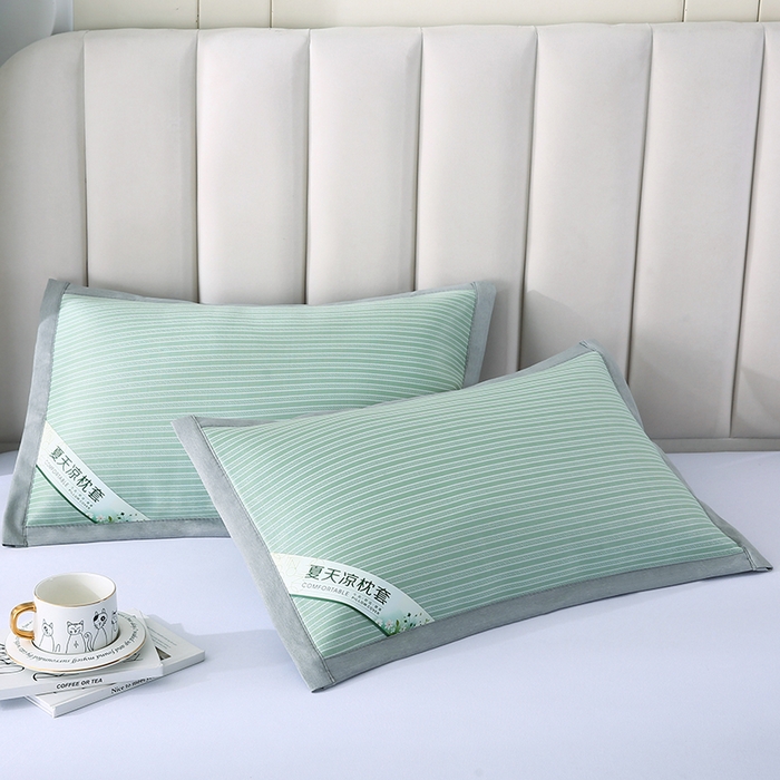 91家纺网 家纺一手货源 找家纺 小牛席业 2026新款经典条纹-冰丝夏凉枕套 绿色