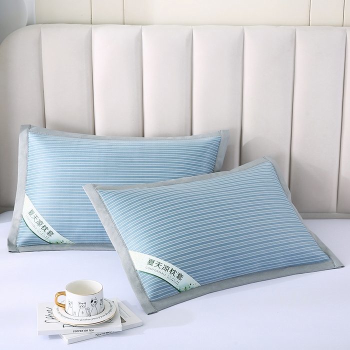91家纺网 家纺一手货源 找家纺 小牛席业 2026新款经典条纹-冰丝夏凉枕套 蓝色