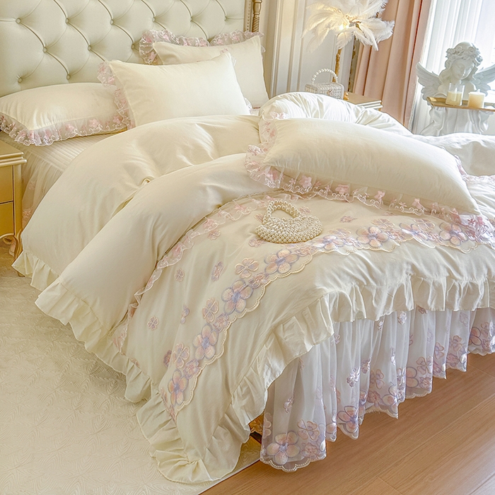 91家纺网 家纺一手货源 找家纺 网红馆（ck家纺） 2026春夏新款阳光花语全棉纯棉床裙四件套 阳光花语 米