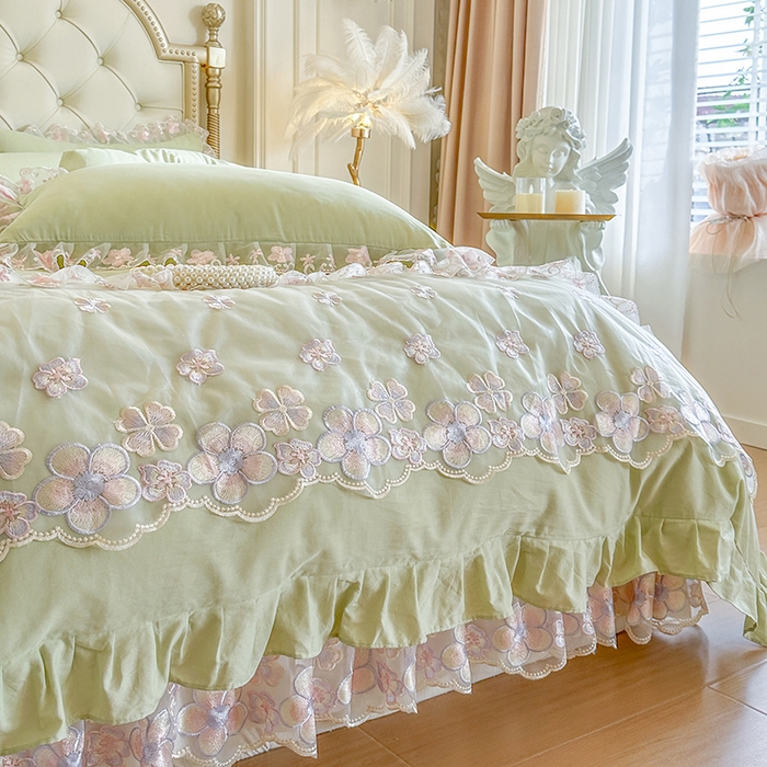 91家纺网 家纺一手货源 找家纺 网红馆（ck家纺） 2026春夏新款阳光花语全棉纯棉床裙四件套 阳光花语 绿