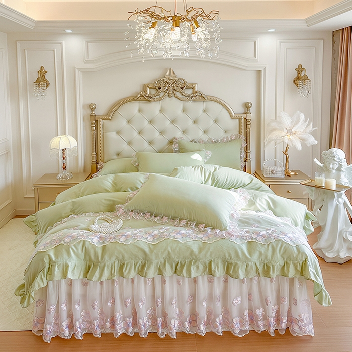 91家纺网 家纺一手货源 找家纺 网红馆（ck家纺） 2026春夏新款阳光花语全棉纯棉床裙四件套 阳光花语 绿