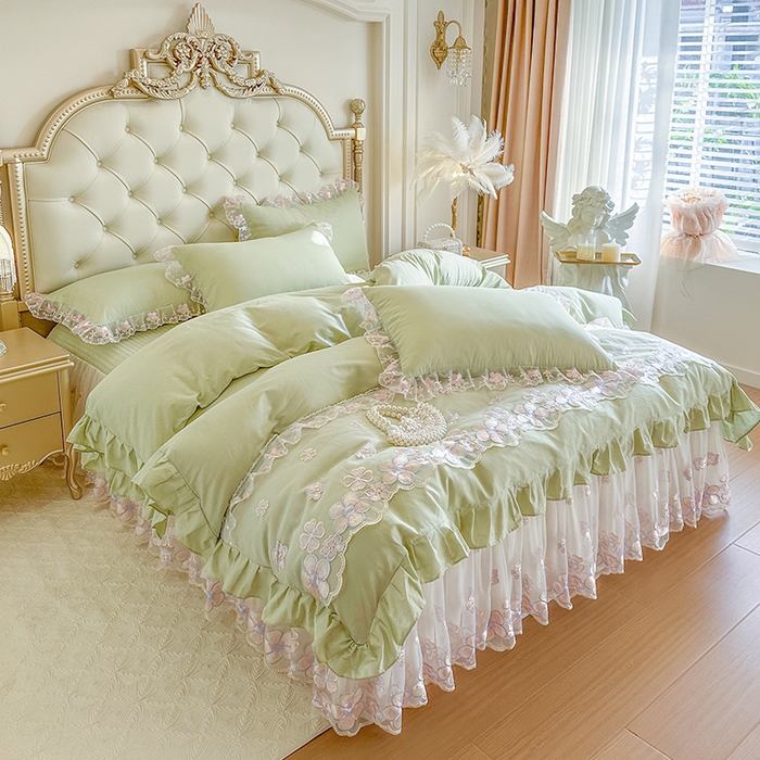 91家纺网 家纺一手货源 找家纺 网红馆（ck家纺） 2026春夏新款阳光花语全棉纯棉床裙四件套 阳光花语 绿