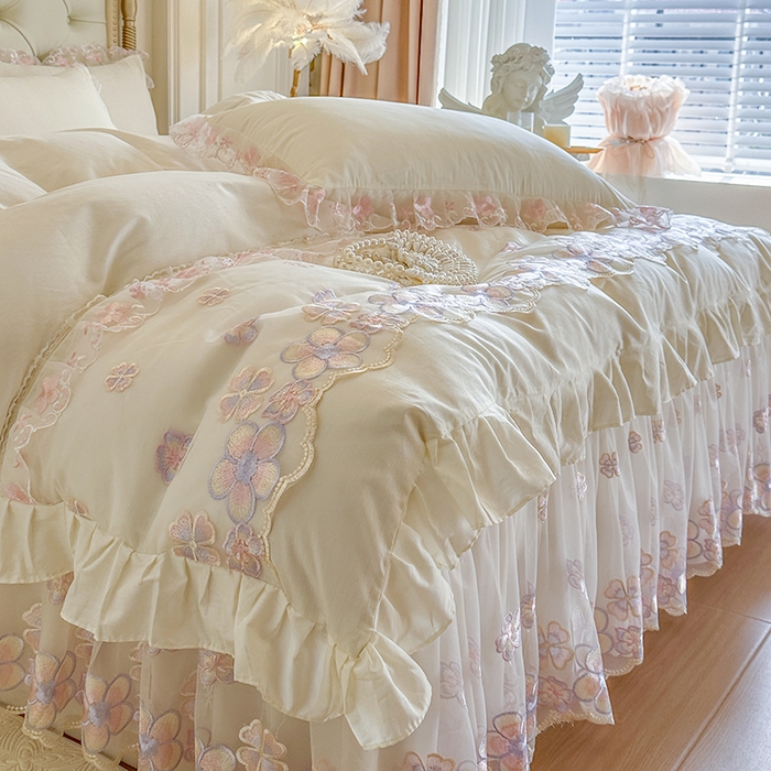 91家纺网 家纺一手货源 找家纺 网红馆（ck家纺） 2026春夏新款阳光花语全棉纯棉床裙四件套 阳光花语 米