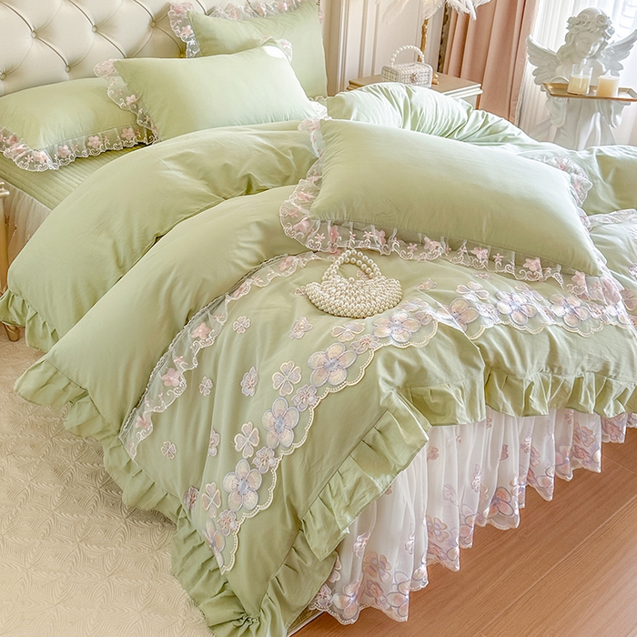 91家纺网 家纺一手货源 找家纺 网红馆（ck家纺） 2026春夏新款阳光花语全棉纯棉床裙四件套 阳光花语 绿