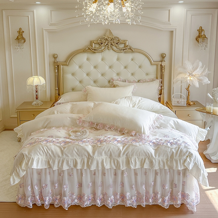 91家纺网 家纺一手货源 找家纺 网红馆（ck家纺） 2026春夏新款阳光花语全棉纯棉床裙四件套 阳光花语 米