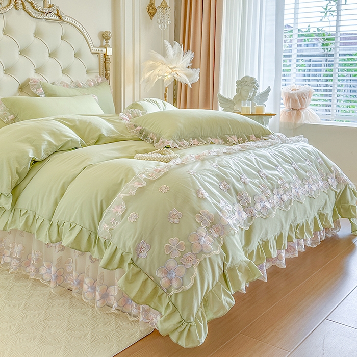 91家纺网 家纺一手货源 找家纺 网红馆（ck家纺） 2026春夏新款阳光花语全棉纯棉床裙四件套 阳光花语 绿