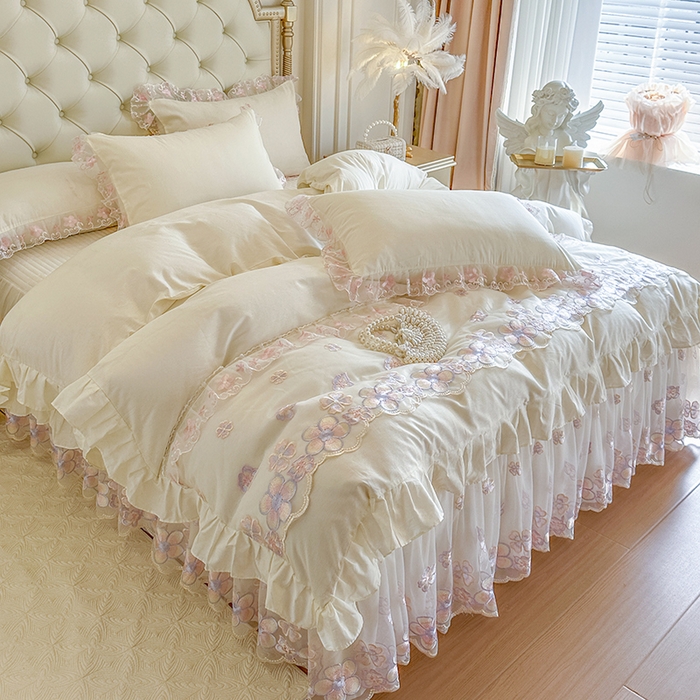 网红馆（ck家纺） 2026春夏新款阳光花语全棉纯棉床裙四件套 阳光花语 米