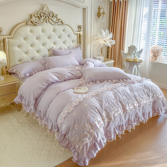 91家纺网 家纺一手货源 找家纺 网红馆（ck家纺） 2026春夏新款阳光花语全棉纯棉床裙四件套 阳光花语 紫