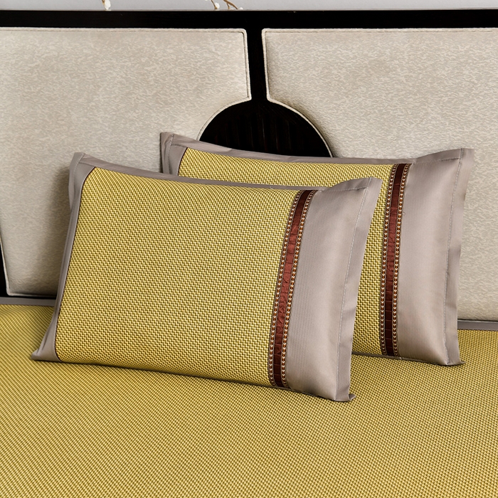 小牛席业 2026新款经典条纹-冰丝夏凉枕套 加厚古藤花边枕套-古黄