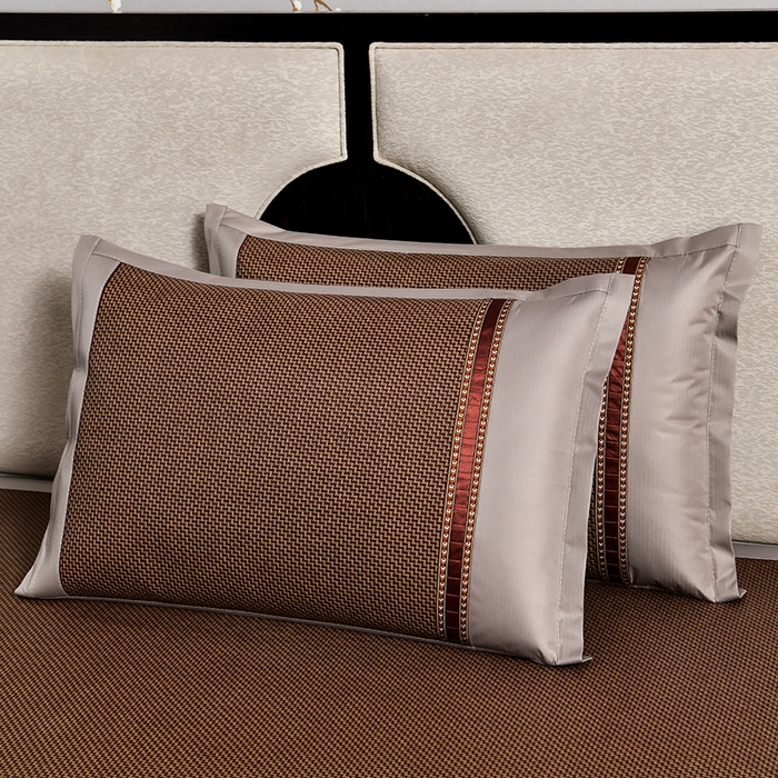 小牛席业 2026新款经典条纹-冰丝夏凉枕套 加厚古藤花边枕套-咖啡