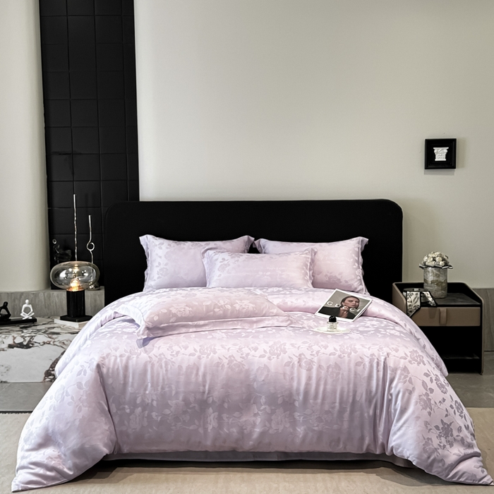 91家纺网 家纺一手货源 找家纺 慕晨 2026新款莱赛尔提花被套四件套高级简奢款天丝4件套直播热款 落溪