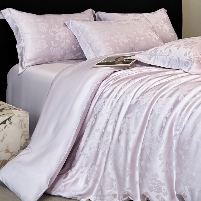 91家纺网 家纺一手货源 找家纺 慕晨 2026新款莱赛尔提花被套四件套高级简奢款天丝4件套直播热款 落溪