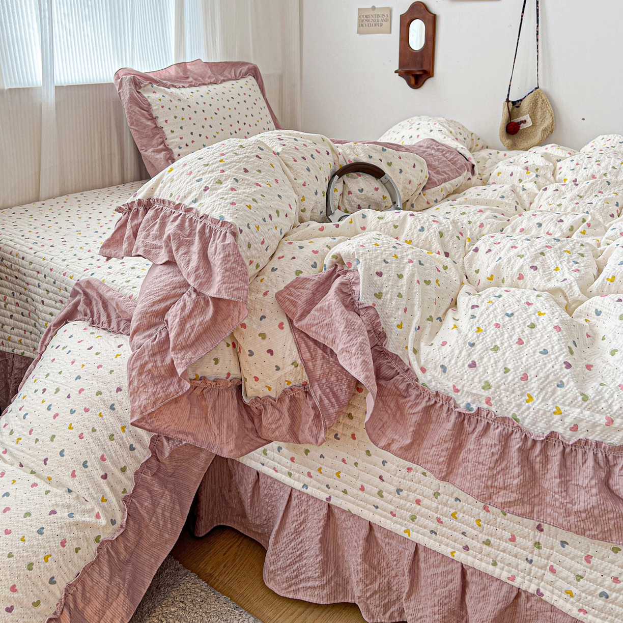 91家纺网 家纺一手货源 找家纺 元熙 2026新款泡芙纱床盖四件套 控价低于149不予供货 彩色爱心