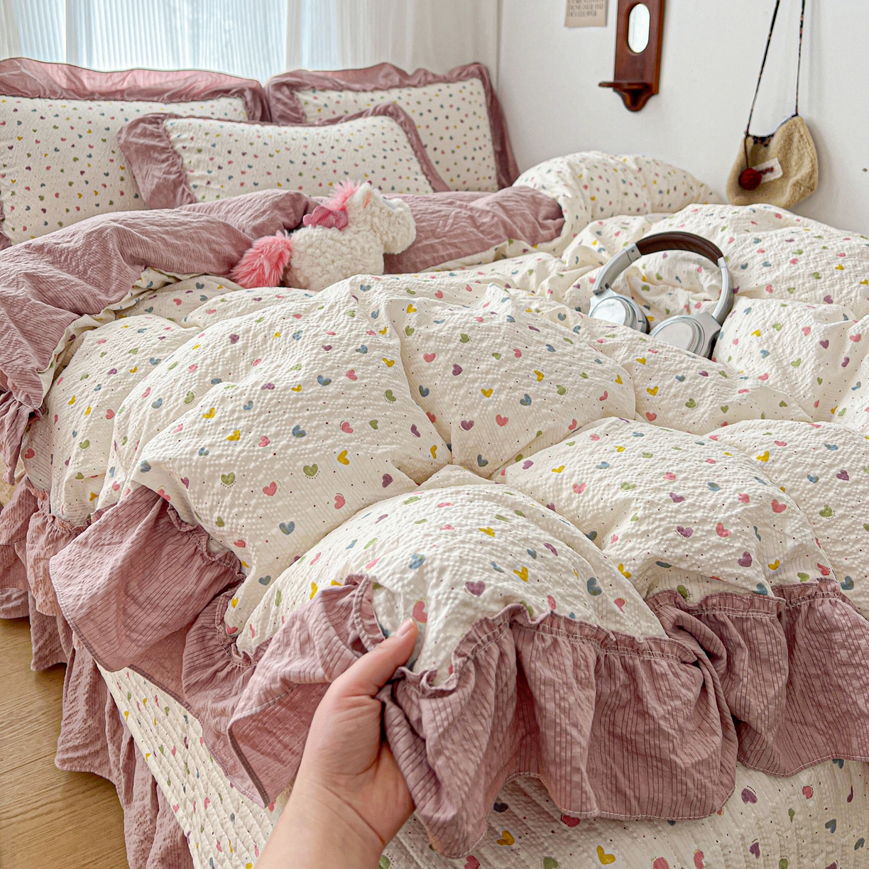 91家纺网 家纺一手货源 找家纺 元熙 2026新款泡芙纱床盖四件套 控价低于149不予供货 彩色爱心
