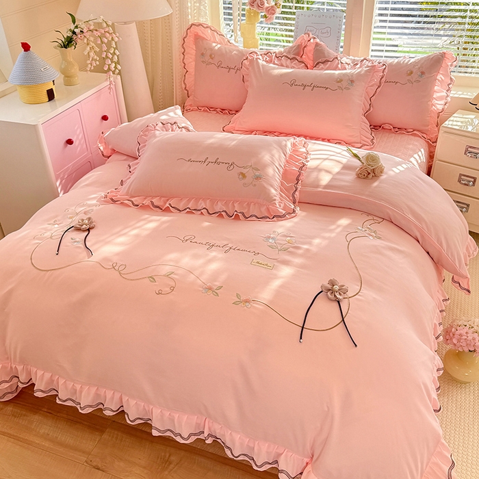 91家纺网 家纺一手货源 找家纺 漫布云家纺 2026新款韩版多功能水洗棉公主风床盖款四件套-花颜系列 花颜-樱花粉