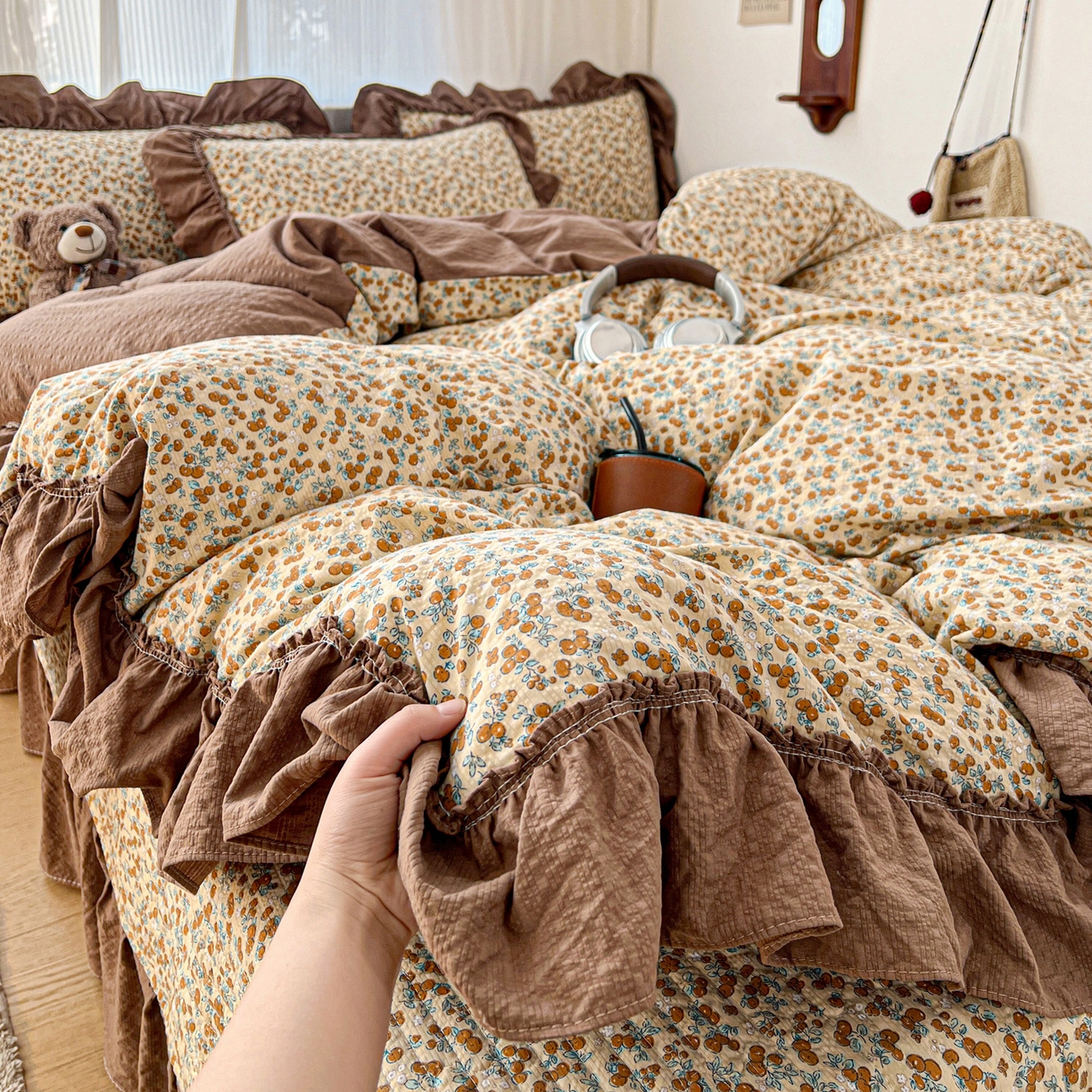 91家纺网 家纺一手货源 找家纺 元熙 2026新款泡芙纱床盖四件套 控价低于149不予供货 暖橘枝