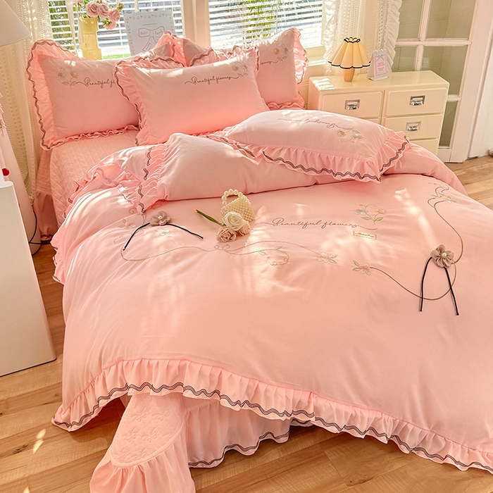 91家纺网 家纺一手货源 找家纺 漫布云家纺 2026新款韩版多功能水洗棉公主风床盖款四件套-花颜系列 花颜-樱花粉