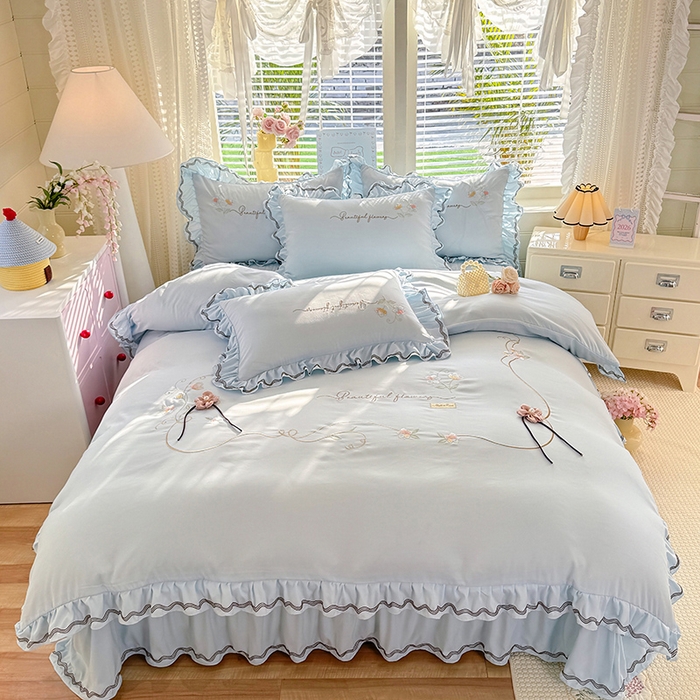 91家纺网 家纺一手货源 找家纺 漫布云家纺 2026新款韩版多功能水洗棉公主风床盖款四件套-花颜系列 花颜-梦幻蓝