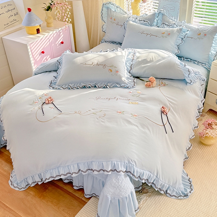 91家纺网 家纺一手货源 找家纺 漫布云家纺 2026新款韩版多功能水洗棉公主风床盖款四件套-花颜系列 花颜-梦幻蓝