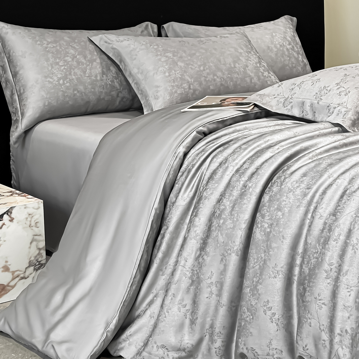 91家纺网 家纺一手货源 找家纺 慕晨 2026新款莱赛尔提花被套四件套高级简奢款天丝4件套直播热款 玛丽