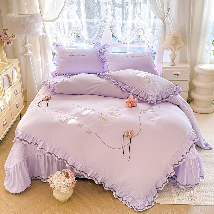 漫布云家纺 2026新款韩版多功能水洗棉公主风床盖款四件套-花颜系列 花颜-香芋紫
