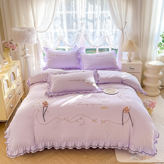 91家纺网 家纺一手货源 找家纺 漫布云家纺 2026新款韩版多功能水洗棉公主风床盖款四件套-花颜系列 花颜-香芋紫