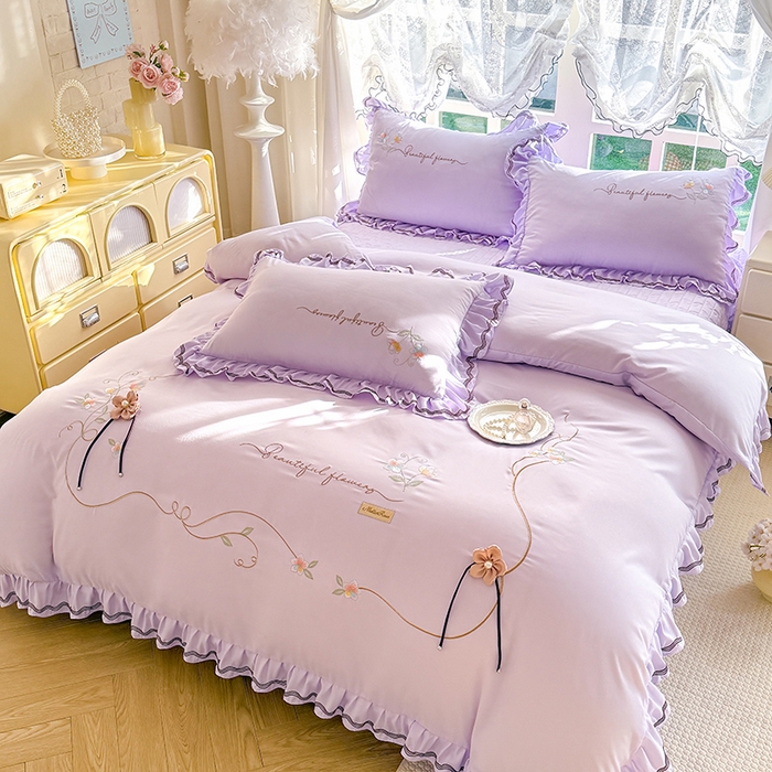 91家纺网 家纺一手货源 找家纺 漫布云家纺 2026新款韩版多功能水洗棉公主风床盖款四件套-花颜系列 花颜-香芋紫