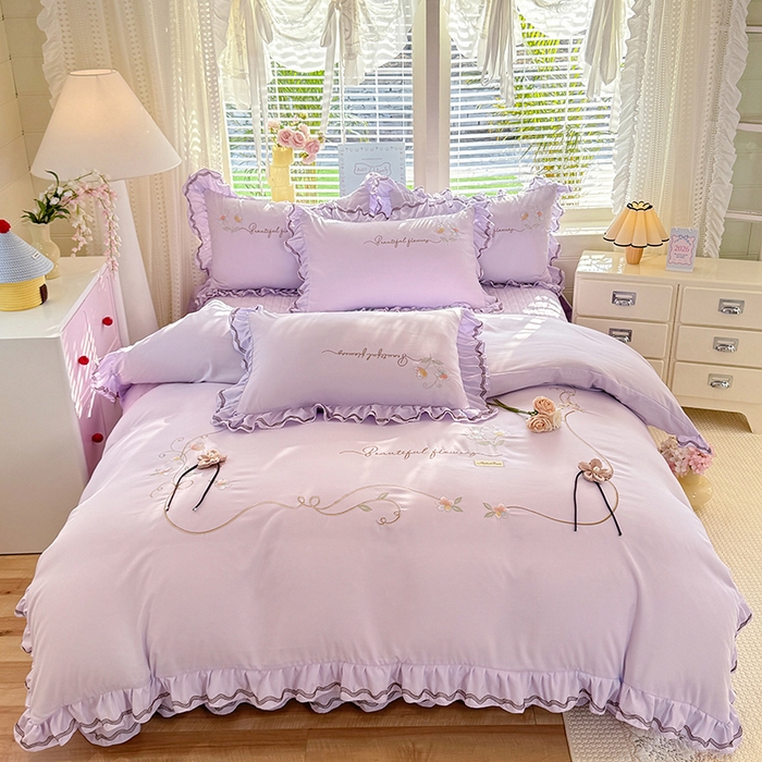 91家纺网 家纺一手货源 找家纺 漫布云家纺 2026新款韩版多功能水洗棉公主风床盖款四件套-花颜系列 花颜-香芋紫