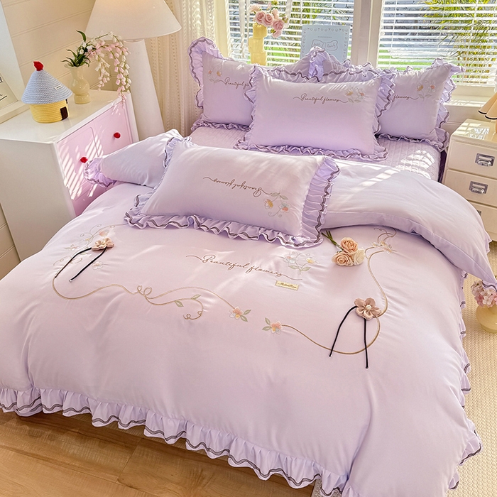 91家纺网 家纺一手货源 找家纺 漫布云家纺 2026新款韩版多功能水洗棉公主风床盖款四件套-花颜系列 花颜-香芋紫