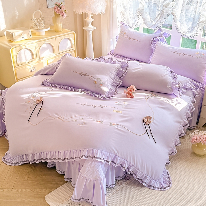 91家纺网 家纺一手货源 找家纺 漫布云家纺 2026新款韩版多功能水洗棉公主风床盖款四件套-花颜系列 花颜-香芋紫