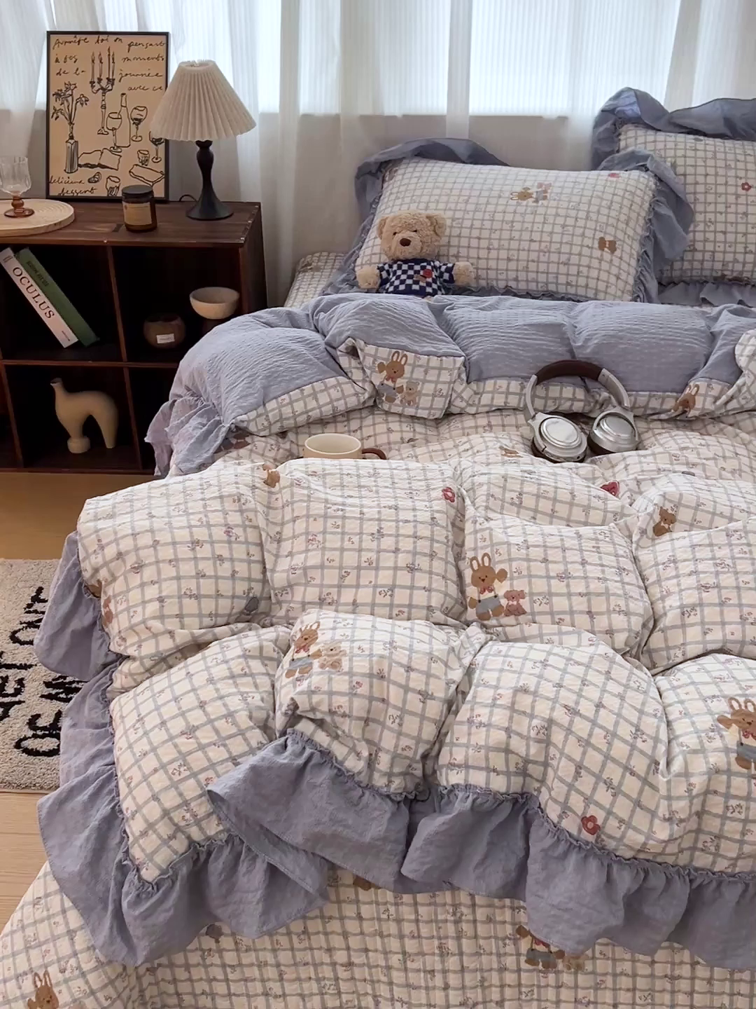 91家纺网 家纺一手货源 找家纺 元熙 2026新款泡芙纱床盖四件套 控价低于149不予供货 蓝格甜熊