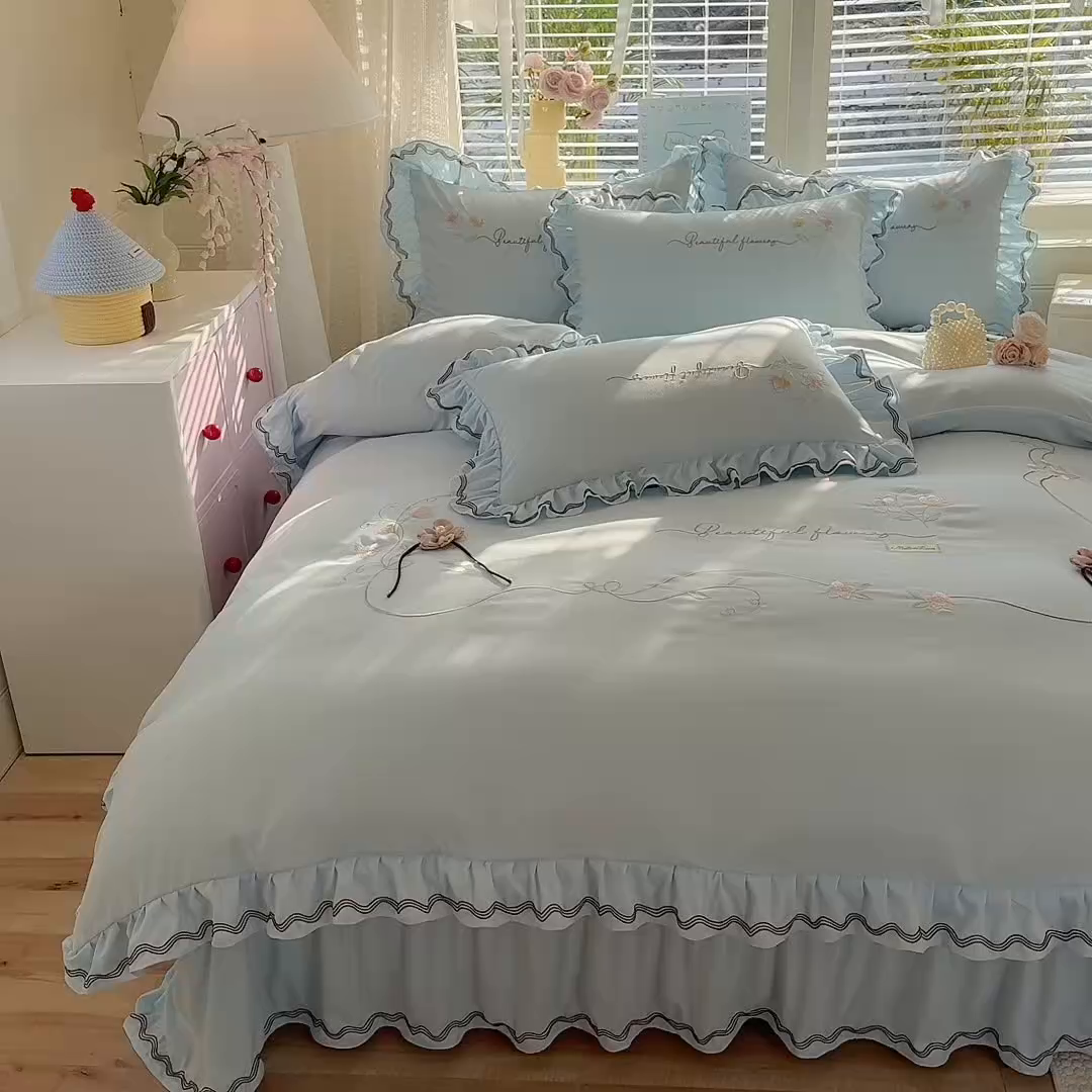 91家纺网 家纺一手货源 找家纺 漫布云家纺 2026新款韩版多功能水洗棉公主风床盖款四件套-花颜系列 花颜-梦幻蓝