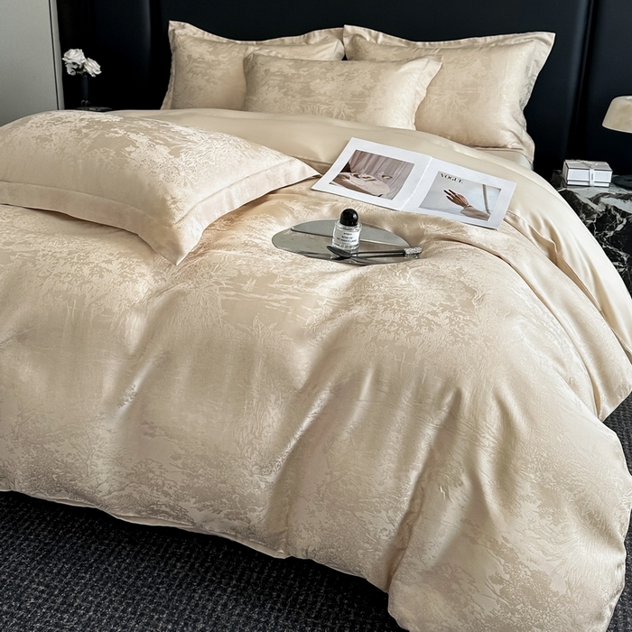 91家纺网 家纺一手货源 找家纺 慕晨 2026新款莱赛尔提花被套四件套高级简奢款天丝4件套直播热款 佩吉拉