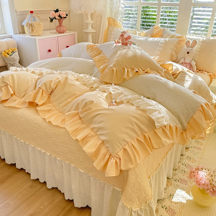 91家纺网 家纺一手货源 找家纺 漫布云家纺 2026春夏新款超柔云朵棉床盖款四件套-花甜梦系列 花甜梦-柠檬黄