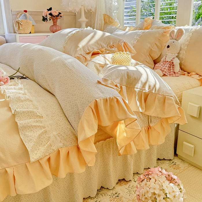 91家纺网 家纺一手货源 找家纺 漫布云家纺 2026春夏新款超柔云朵棉床盖款四件套-花甜梦系列 花甜梦-柠檬黄