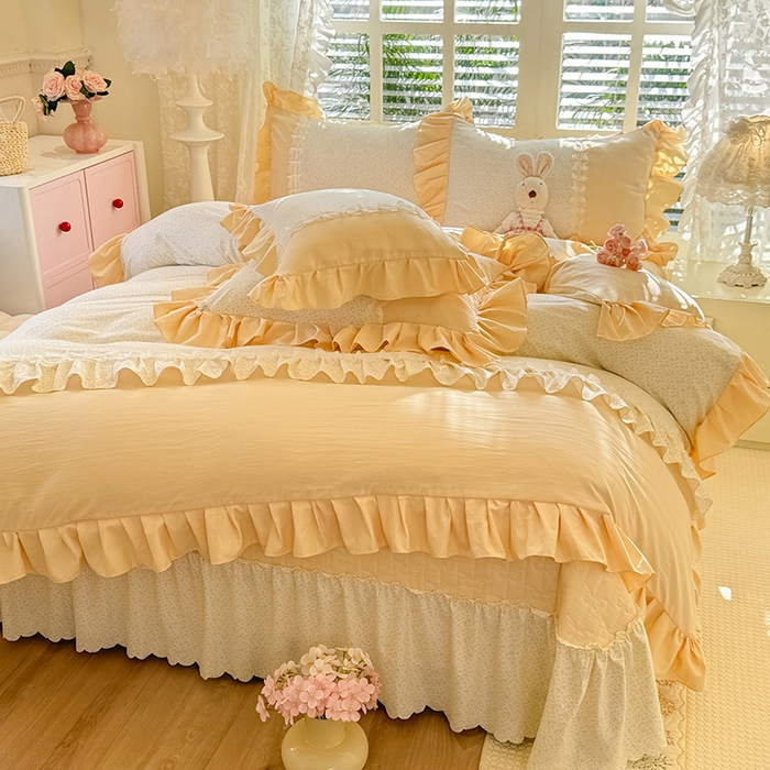 91家纺网 家纺一手货源 找家纺 漫布云家纺 2026春夏新款超柔云朵棉床盖款四件套-花甜梦系列 花甜梦-柠檬黄