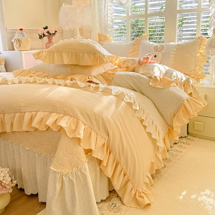 91家纺网 家纺一手货源 找家纺 漫布云家纺 2026春夏新款超柔云朵棉床盖款四件套-花甜梦系列 花甜梦-柠檬黄