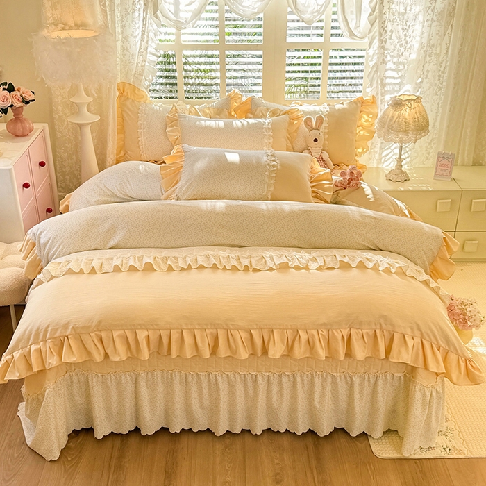 91家纺网 家纺一手货源 找家纺 漫布云家纺 2026春夏新款超柔云朵棉床盖款四件套-花甜梦系列 花甜梦-柠檬黄