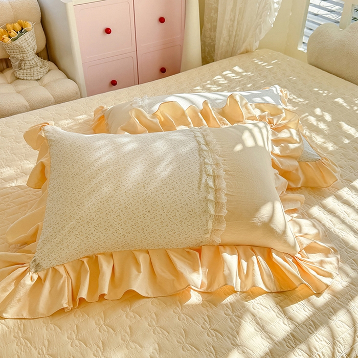 91家纺网 家纺一手货源 找家纺 漫布云家纺 2026春夏新款超柔云朵棉床盖款四件套-花甜梦系列 花甜梦-柠檬黄